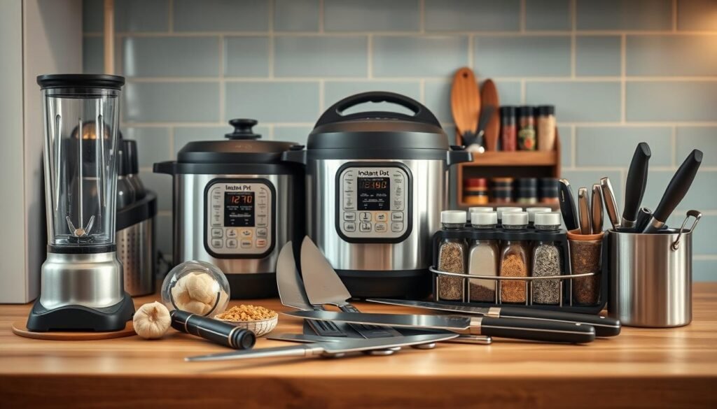 A neatly arranged spread of time-saving cooking essentials on a wooden kitchen counter. In the foreground, a high-quality blender, a sturdy garlic press, and a set of sharp knives with sleek handles. In the middle ground, a trusty Instant Pot, a compact air fryer, and a modern spice rack filled with an array of essential seasonings. The background features a minimalist backsplash with light blue accents, casting a warm, inviting glow over the scene. The lighting is soft and diffused, highlighting the texture of the wood and the gleam of the metal appliances. The overall mood is one of efficiency and culinary preparedness, perfect for a busy morning routine.