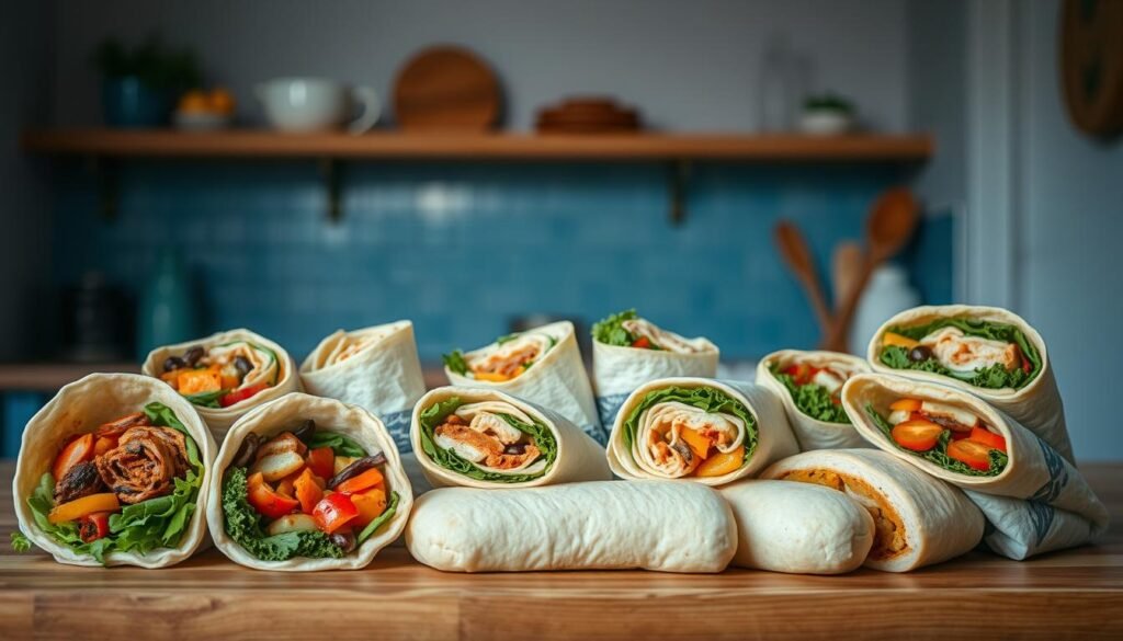 A neatly arranged spread of various creative lunch wraps, sandwiches, and rolls displayed on a wooden surface in a cozy, minimal kitchen. The vibrant fillings peek out from the artfully wrapped tortillas, breads, and dough, showcasing an array of healthy and flavorful options. Soft natural lighting casts a warm glow, highlighting the textures and colors. In the background, subtle blue accents add a calming touch, while the absence of distracting elements keeps the focus on the delicious meal prep options.