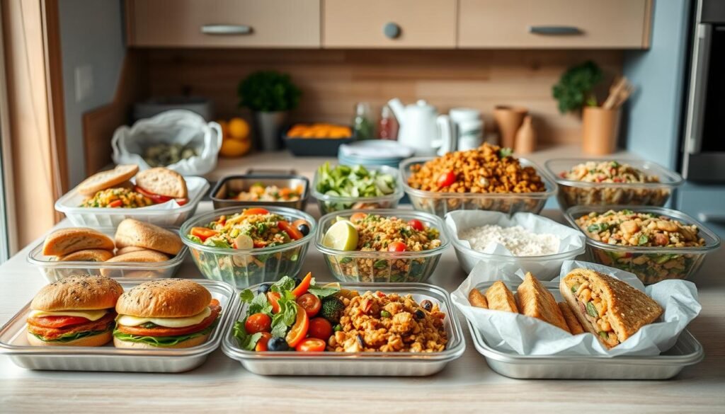 A neatly arranged spread of various healthy meal prep options, including hearty breakfast sandwiches, colorful salads, vibrant stir-fries, and portioned-out snacks. The scene is set in a cozy, minimal kitchen with warm wooden textures and light blue accents, bathed in soft, natural lighting. The different dishes are thoughtfully displayed, showcasing the versatility and customization potential of a balanced, nutritious meal plan. An array of fresh produce, whole grains, and lean proteins create a visually appealing and appetizing tableau, inspiring the viewer to explore new culinary possibilities for their busy lifestyle.