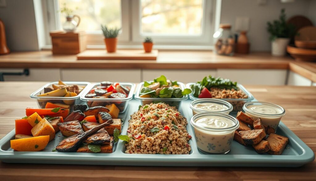 A neatly arranged spread of various meal prep leftovers on a light blue silicone baking sheet. Roasted vegetables, grilled chicken, quinoa, and fresh greens sit alongside small glass containers of hummus and tzatziki. The scene is bathed in soft, natural lighting from a large window, casting a warm glow over the wooden countertop and minimal kitchen decor. The overall atmosphere is one of efficiency, organization, and healthy living.