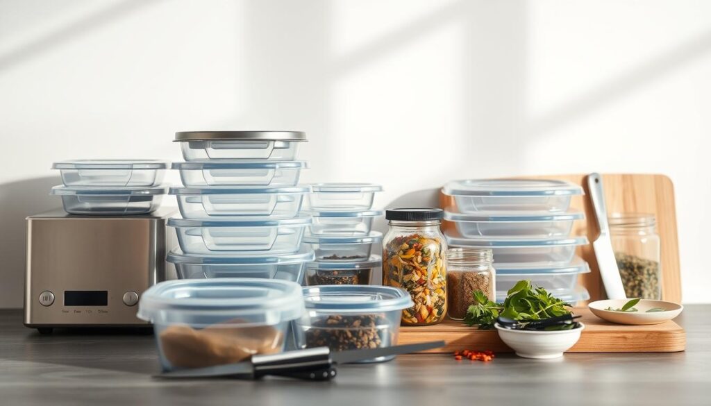 A neatly arranged still life featuring an assortment of meal prep essentials against a backdrop of soft, natural light. In the foreground, various BPA-free plastic containers in a range of sizes and shapes, their lids stacked neatly. Alongside them, a stainless steel food scale, a sharp chef's knife, and a wooden cutting board with a subtle grain. In the middle ground, a glass jar filled with colorful spices and a small bowl of fresh herbs. The overall scene exudes a sense of organization and efficiency, perfectly suited for the 
