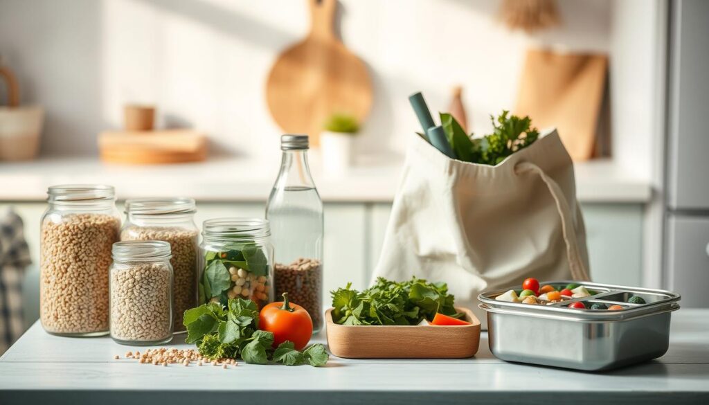 A neatly arranged still life of eco-friendly lunch ingredients on a light blue wooden table in a cozy, minimal kitchen. Glass jars filled with bulk grains, a reusable cloth produce bag with fresh vegetables, a glass water bottle, and a stainless steel bento box with compartments for various plant-based items. Warm, natural lighting casts soft shadows, highlighting the textures and colors of the sustainable, waste-free meal prep. The scene conveys a sense of mindfulness, simplicity, and environmental consciousness.