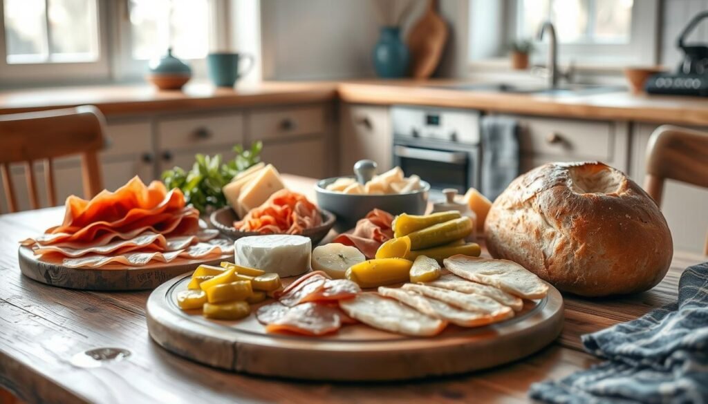 A neatly arranged still life of elevated cold lunch ingredients on a rustic wooden table in a cozy, minimalist kitchen. The scene is bathed in soft, natural lighting from large windows, casting a warm glow on a selection of artisanal cured meats, carefully sliced cheeses, crunchy pickles, and fresh-baked bread with a golden crust. The ingredients are thoughtfully placed, creating a visually appealing composition that suggests the delicious possibilities of an elevated cold lunch. Subtle blue accents, such as a ceramic dish or a decorative towel, add a touch of color and complement the earthy tones of the wood and food.