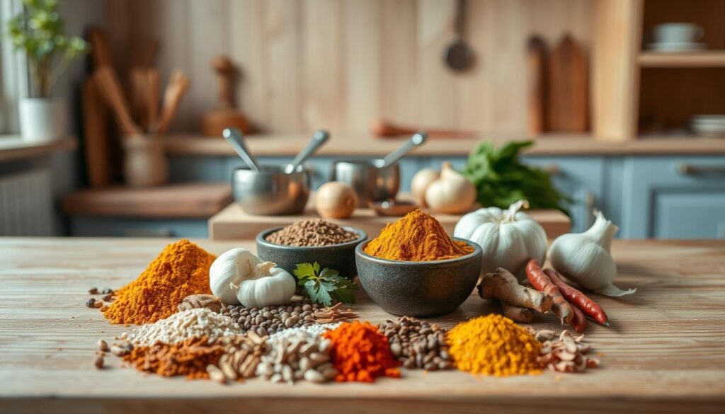 A neatly arranged still life of essential curry spices and ingredients set against a backdrop of a cozy, minimal kitchen with wooden textures and light blue accents. In the foreground, a collection of whole and ground spices including turmeric, cumin, coriander, cardamom, and chili peppers, as well as fresh ginger, garlic, and onions. The middle ground features a few metal spoons, a small mortar and pestle, and a cutting board with a few chopped vegetables. The scene is softly lit from the side, casting gentle shadows and highlights that accentuate the rich colors and textures of the ingredients. An atmosphere of simplicity, warmth, and culinary preparation pervades the frame.