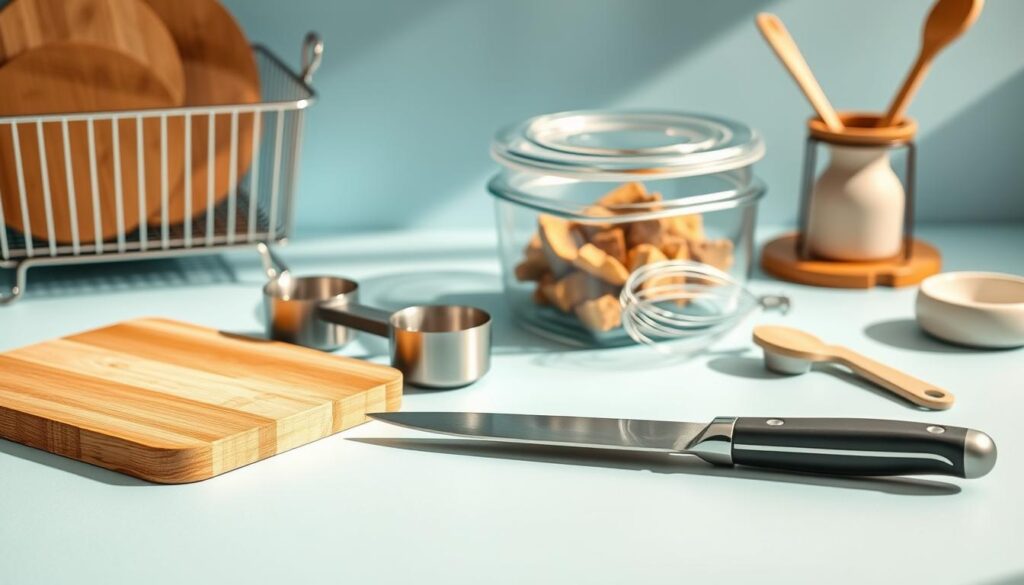 A neatly arranged still life of essential kitchen tools for meal prep on a light blue background. In the foreground, a wooden cutting board, a sharp chef's knife, and a set of sleek metal measuring cups. In the middle ground, a glass meal prep container with a tight-fitting lid, a stainless steel whisk, and a small silicone spatula. In the background, a minimalist stainless steel dish rack, a bamboo trivet, and a ceramic utensil holder. The scene is bathed in warm, natural lighting, with soft shadows lending depth and dimension. The overall mood is one of organized efficiency and culinary practicality.