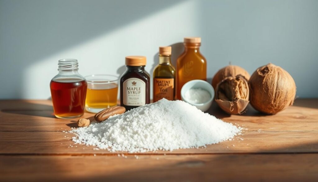 A neatly arranged still life of various natural sweetener alternatives, including honey, maple syrup, date syrup, and coconut sugar, resting on a wooden table against a light blue wall. The items are carefully positioned to create a visually appealing and balanced composition, with the textures and colors of the ingredients complementing each other. Soft, natural lighting illuminates the scene, casting gentle shadows and highlighting the inherent beauty of these wholesome sweetening options. The overall atmosphere is one of simplicity, warmth, and a sense of healthful indulgence, perfectly capturing the essence of the "Sweetener Alternatives for a Low-Sugar Start" section.