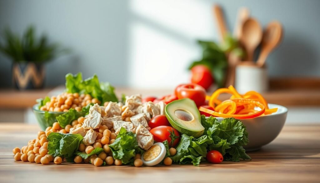 A neatly arranged still life of vibrant, protein-packed salad ingredients on a wooden kitchen counter. In the foreground, freshly chopped chicken breast, roasted chickpeas, and boiled eggs sit alongside a pile of leafy greens. In the middle ground, sliced avocado, juicy cherry tomatoes, and crunchy bell pepper strips create a colorful medley. The background features a minimalist, light blue-tinted wall, lending a calming, office-friendly atmosphere. Warm, natural lighting filters through a window, casting soft shadows and highlighting the textures of the ingredients. The composition is balanced and inviting, capturing the essence of a nourishing, protein-focused office meal prep salad.