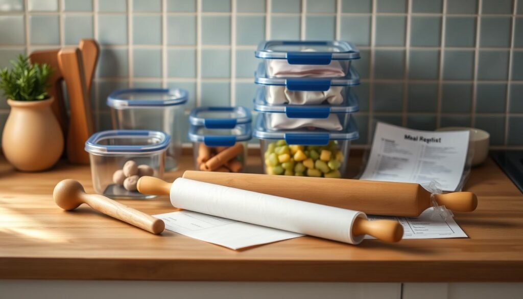 A neatly arranged still life on a wooden kitchen counter, showcasing the essential tools for freezer meal prep: glass containers, reusable silicone bags, a rolling pin, parchment paper, and a meal prep checklist. Warm, soft lighting illuminates the scene, creating a sense of coziness and organization. The background features light blue accents, like a tiled backsplash, adding a touch of tranquility to the composition. The overall mood is one of thoughtful preparation and efficiency, reflecting the 