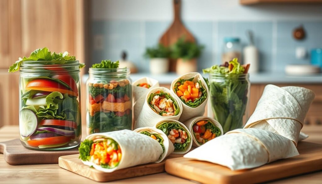 A neatly arranged still life showcasing a collection of layered salads and wraps against a backdrop of a cozy, minimal kitchen. In the foreground, a selection of colorful vegetables, crisp lettuces, and vibrant protein sources are stacked in tempting layers within glass jars and on wooden boards. The middle ground features expertly rolled wraps, their fillings peeking out invitingly. Soft, natural lighting casts a warm glow, highlighting the textures and hues of the fresh ingredients. Wooden cabinetry and light blue accents create a calming, organized atmosphere, emphasizing the practicality and appeal of these office-ready meal options.