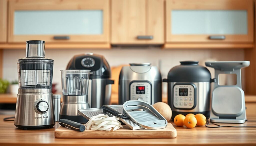 A neatly arranged still life showcasing an assortment of time-saving kitchen tools in a cozy, minimal kitchen setting. In the foreground, a sleek, brushed-metal food processor, a high-powered blender, and a sharp mandoline slicer sit atop a wooden cutting board. In the middle ground, a compact air fryer, a multi-function pressure cooker, and a smooth-gliding kitchen scale are positioned with care. The background features wooden cabinetry with light blue accents, complementing the clean, modern aesthetic. Soft, diffused lighting casts a warm glow, creating an atmosphere of efficiency and culinary practicality.