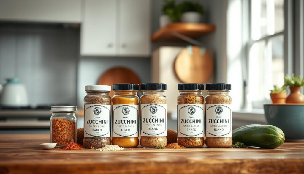 A neatly arranged still life showcasing an assortment of zucchini spice blends in a cozy, minimal kitchen with wooden textures and light blue accents. The spice jars are artfully displayed, their labels clearly visible, against a backdrop of natural light filtering through a window. The composition emphasizes the vibrant colors and aromatic appeal of the blends, inviting the viewer to imagine the flavorful possibilities of incorporating them into a sheet pan dinner. The overall mood is one of culinary inspiration and a celebration of the nuanced flavors that can be achieved through thoughtful seasoning.