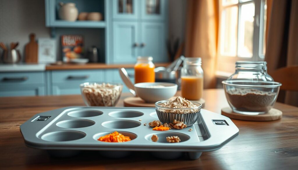 A neatly arranged still life showcasing hidden baking ingredients for protein-rich carrot cake muffins. In the foreground, a Prepistry baking tray holds carrot shreds, chopped walnuts, and a bowl of protein powder. In the middle ground, a mixing bowl with oats and a jar of applesauce sit atop a wooden table. The background features a light blue kitchen shelf displaying a Prepistry cookbook and other baking essentials. Soft, natural lighting from a window casts a warm glow over the scene, creating a cozy, inviting atmosphere.