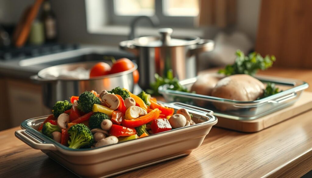 A neatly arranged stir fry meal prep on a wooden kitchen counter. In the foreground, a ceramic dish overflows with a colorful medley of sautéed vegetables - crisp broccoli florets, juicy bell peppers, and tender mushrooms. Beside it, a glass container holds perfectly cooked chicken breast, seasoned with aromatic herbs. In the middle ground, a stainless steel pot and a cutting board with fresh ingredients suggest an efficient, streamlined cooking process. The scene is bathed in soft, diffused natural light that filters through a nearby window, casting a warm, inviting glow. The overall atmosphere is one of organization, health-consciousness, and culinary inspiration.