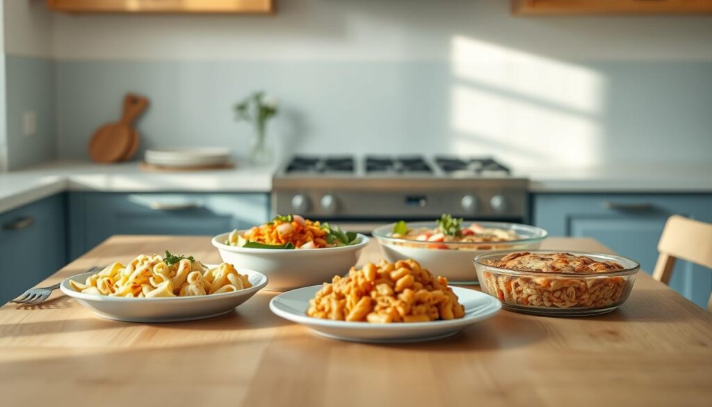 A neatly arranged table showcases an array of simple, delectable dishes - a hearty pasta bake, a vibrant salad, and a tempting casserole, all bathed in warm, natural lighting. The kitchen's clean, minimalist design with light blue accents creates a serene, inviting atmosphere, hinting at the ease and comfort of these effortless weeknight recipes. The camera captures the scene from a slightly elevated angle, drawing the viewer in to experience the satisfying simplicity of these quick, nourishing meals.