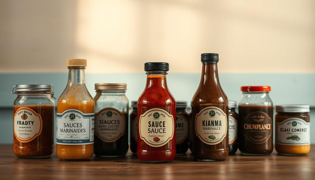 A neatly arranged table showcases an assortment of sauces and marinades in glass jars, each with a unique label. The lighting is soft and warm, creating a cozy, minimal atmosphere. In the background, a plain wooden wall with light blue accents provides a simple, elegant backdrop. The composition emphasizes the various textures and colors of the sauces, inviting the viewer to imagine the flavorful possibilities for meal prep. A sense of organization and intentionality permeates the scene, reflecting the 
