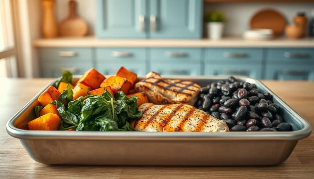 A neatly arranged tray showcasing a variety of protein-rich meal options: grilled chicken breast, roasted sweet potatoes, sautéed spinach, and a side of hearty black beans. The lighting is soft and natural, casting a warm glow over the scene. The camera captures the meal at a slight angle, highlighting the textures and colors of the fresh ingredients. The background features a minimalist kitchen with blue-toned cabinets and wooden accents, creating a cozy and inviting atmosphere. The overall composition emphasizes the nutritious and satisfying nature of this protein-packed meal prep.