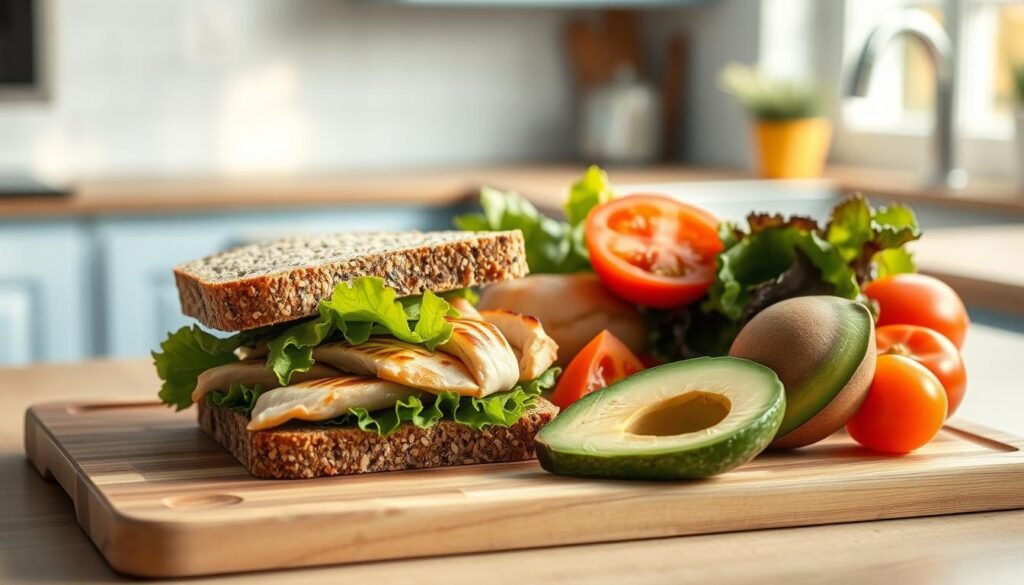 A neatly arranged wooden cutting board holding a selection of fresh, high-protein sandwich ingredients: thick slices of whole grain bread, juicy grilled chicken breast, crisp lettuce leaves, sliced tomatoes, and creamy avocado. The natural lighting from a nearby window casts a warm, inviting glow across the scene, highlighting the vibrant colors and textures of the components. In the background, a minimalist kitchen with light blue accents provides a clean, serene backdrop, allowing the sandwich assembly to take center stage.