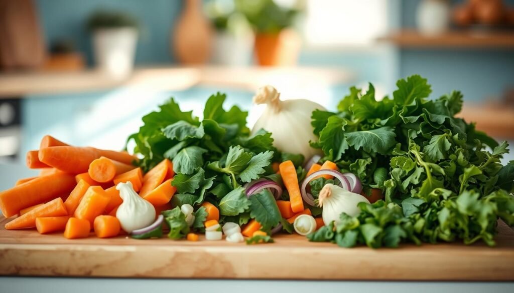 A neatly arranged wooden cutting board showcases an assortment of freshly chopped, nutrient-dense vegetables. Vibrant colors of leafy greens, crunchy carrots, and aromatic onions fill the frame, bathed in soft, natural lighting that filters through the kitchen's light blue accents. The scene exudes a sense of culinary intention and health-conscious preparation, with every ingredient carefully prepped for a nutritious and flavorful dinner.