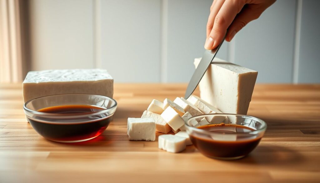A neatly arranged wooden kitchen counter with a minimal, light blue accent wall in the background. On the counter, a block of firm tofu is being cut into thin slices with a sharp knife, revealing its creamy white interior. Next to it, a small bowl of aromatic Asian-inspired marinade made with soy sauce, rice vinegar, and fragrant spices. The warm, natural lighting casts a soft glow over the scene, capturing the essential techniques of preparing tofu for a delicious sheet pan dinner.