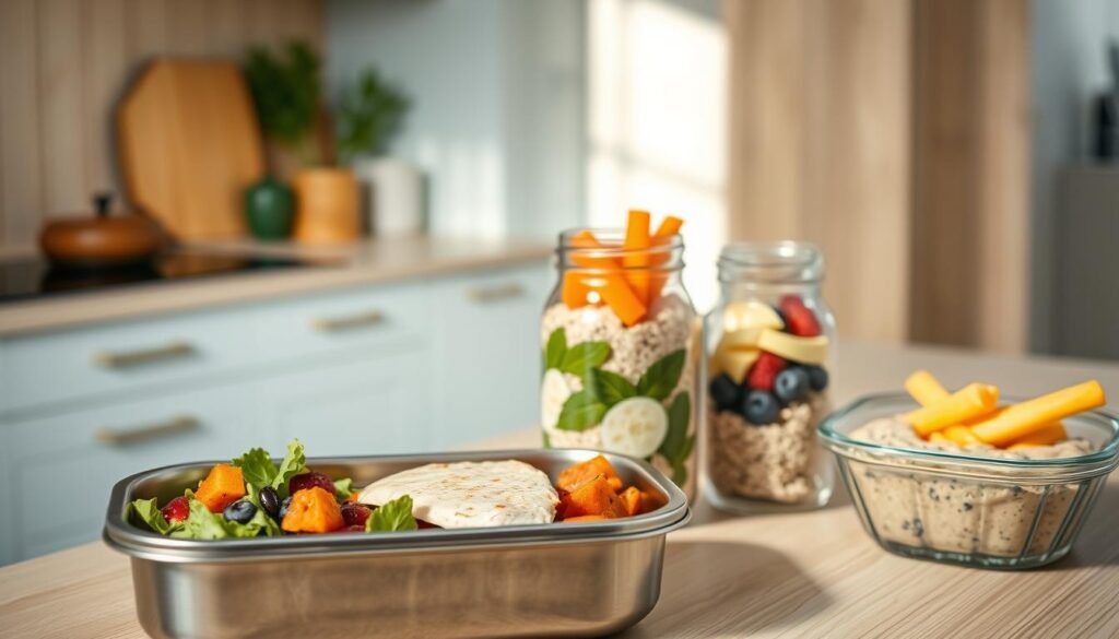 A neatly arranged work lunch, composed of a variety of balanced, nutrient-dense components. In the foreground, a stainless steel bento box with compartments containing a colorful salad, grilled chicken breast, and roasted sweet potato cubes. In the middle ground, a glass jar filled with overnight oats and berries, and a small container of hummus with carrot and cucumber sticks. The background showcases a minimal, cozy kitchen with wooden textures and light blue accents, creating a soothing atmosphere. The scene is illuminated by soft, natural lighting, giving the image a warm, inviting feel. The overall composition emphasizes the importance of preparing wholesome, well-balanced meals for optimal health and productivity during the workday.