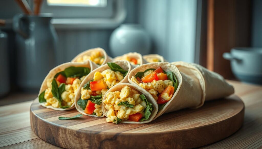 A neatly assembled breakfast wrap platter featuring fluffy scrambled eggs, diced bell peppers, and fresh spinach, wrapped tightly in whole-wheat tortillas. The wraps are arranged on a rustic wooden cutting board, with a light dusting of ground black pepper. The scene is set in a cozy, minimalist kitchen with light blue accents, natural wooden textures, and soft, diffused lighting from a nearby window. The overall mood is fresh, nutritious, and visually appealing, capturing the essence of a quick, low-sugar breakfast option for busy mornings.
