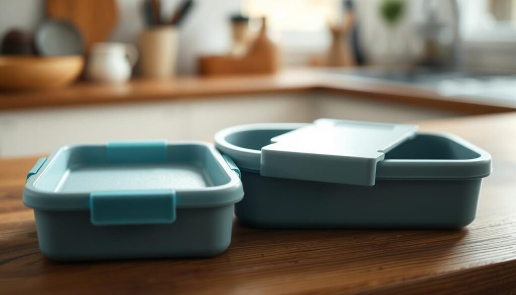 A neatly compartmentalized Prepistry lunch box sits on a wooden kitchen counter. The box is made of durable, BPA-free plastic with sleek, interlocking dividers. Soft, natural light illuminates the scene, highlighting the box's crisp, light blue accents against the warm, textured wood. The simple, minimalist design suggests an organized, healthy meal prep routine. Thoughtfully arranged sections hint at a balanced, delicious bento-style lunch, perfect for an on-the-go lifestyle.