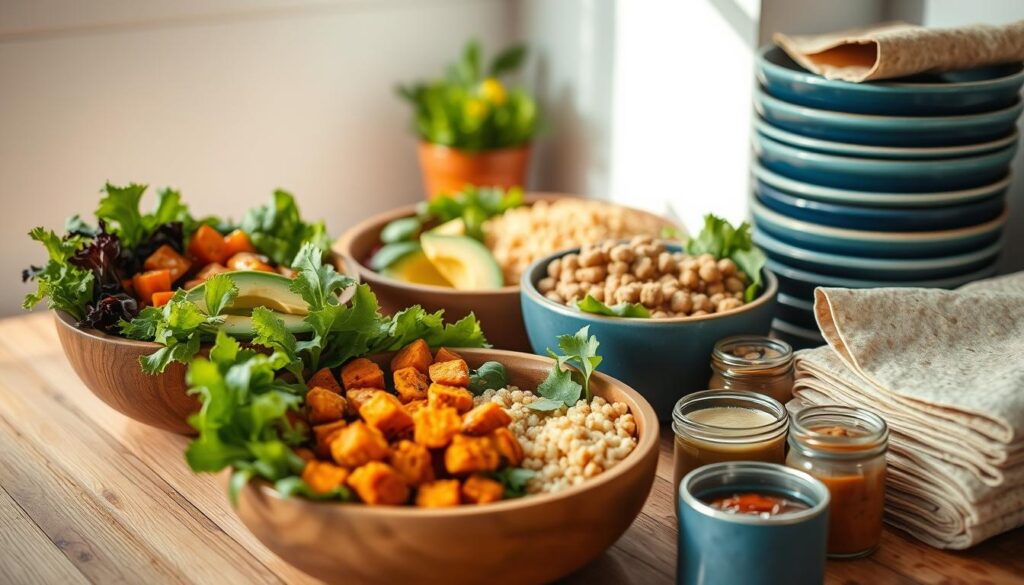 A neatly composed arrangement of various lunch bowl and wrap options, captured in a cozy, minimal kitchen setting. Vibrant, fresh produce spills out of wooden bowls - crisp greens, sliced avocado, roasted sweet potatoes, falafel, and quinoa. Nearby, a stack of whole wheat wraps invitingly awaits, complemented by a selection of condiments in small glass jars. Warm, directional lighting casts a soft glow, highlighting the natural textures of the wood and blue ceramic tones. The overall scene exudes a sense of simplicity, health, and ease - an inspiring lunchtime spread ready for the taking.