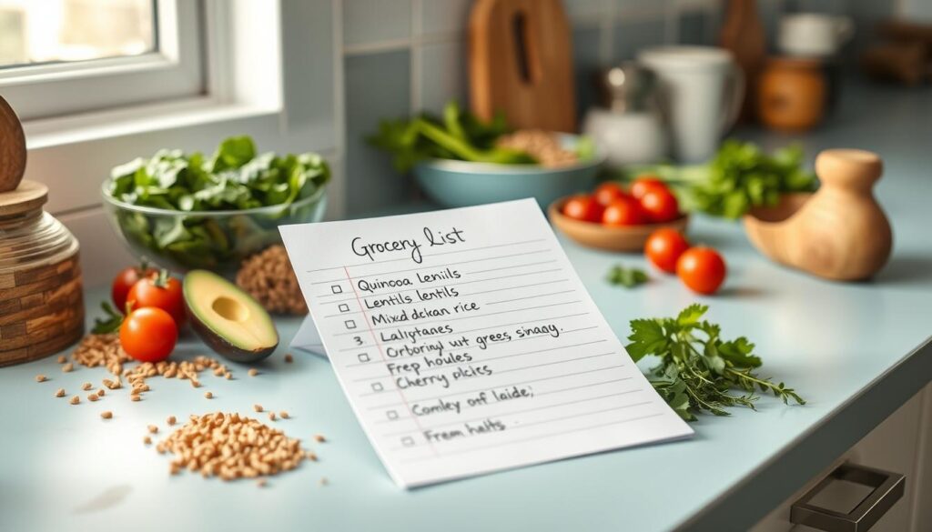A neatly handwritten grocery list for flavorful grain bowls rests on a light blue kitchen counter, surrounded by wooden textures and accents. The list includes items like quinoa, lentils, brown rice, mixed greens, avocado, cherry tomatoes, and a variety of fresh herbs. The overall mood is one of simplicity and thoughtful meal preparation, capturing the essence of "Smart Grocery Shopping and Inventory Management" for a work-ready meal prep system.