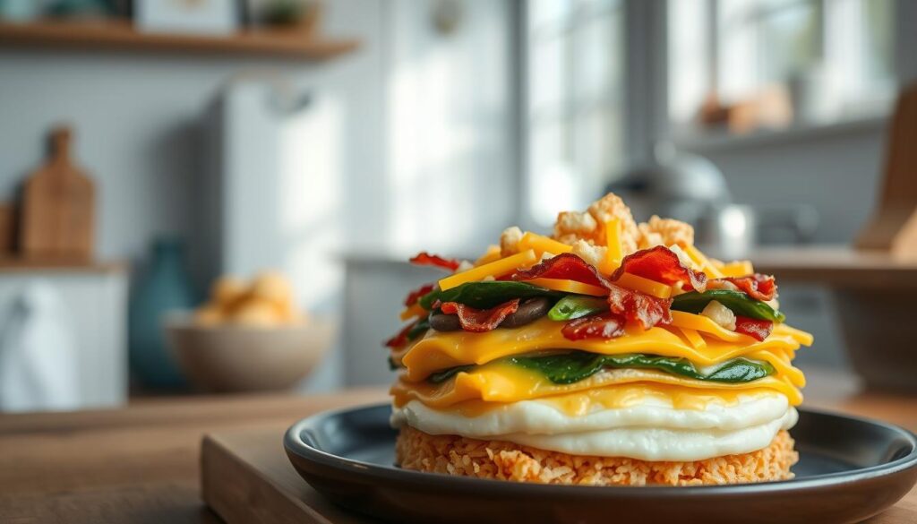 A neatly layered breakfast casserole nestled in a cozy, minimalist kitchen. Soft, fluffy eggs in the foreground, topped with crisp bacon and melted cheddar cheese. Sliced mushrooms, diced bell peppers, and fresh spinach create the middle layer, resting atop a base of golden hash browns. Warm, buttery croissant crumbs sprinkled on top add a delightful crunch. Diffused natural light filters through the windows, casting a gentle glow on the scene. Wooden textures and light blue accents provide a calming, rustic ambiance. The overall atmosphere is one of comfort, simplicity, and mouthwatering anticipation.