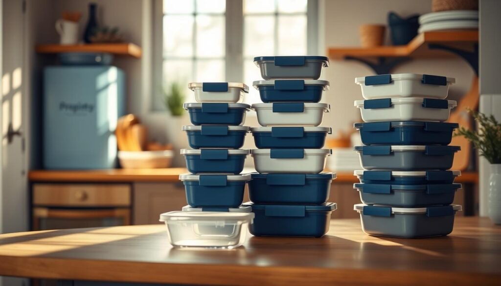 A neatly organized arrangement of Prepistry meal prep containers in a cozy, minimalist kitchen. The containers are stacked in a visually appealing manner, showcasing a variety of sizes and colors - blue, white, and gray. Warm, natural lighting cascades through the window, casting a soft glow on the wooden countertops and shelves. The carefully planned layout of the containers demonstrates a thoughtful approach to meal prepping, ready to support a range of healthy lunch options beyond just chicken breast.
