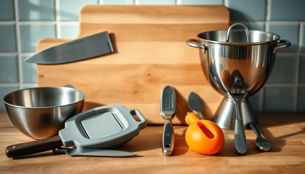 A neatly organized arrangement of essential kitchen tools for meal prep: a sharp chef's knife, a sturdy cutting board, a handheld mandoline slicer, a stainless steel mixing bowl, a silicone spatula, a garlic press, and a high-quality paring knife. The tools are placed on a wooden countertop with a light blue backsplash, creating a clean and minimal aesthetic. Soft, natural lighting illuminates the scene, highlighting the textures and details of the tools. The overall mood is one of efficiency and culinary precision, setting the stage for the 