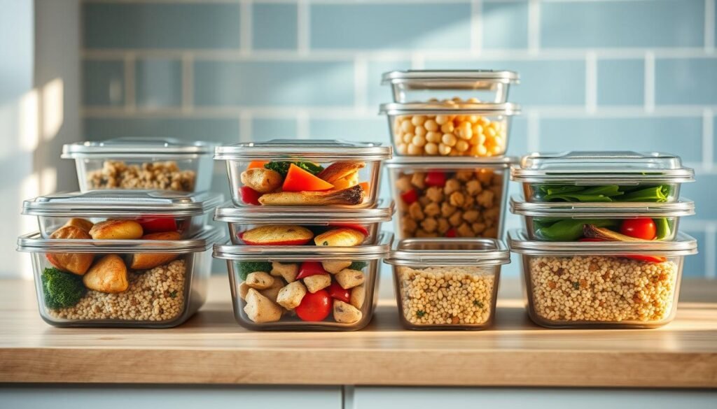 A neatly organized arrangement of glass meal prep containers in various sizes, lids firmly in place, resting on a wooden kitchen counter with a light blue tile backsplash. The containers are filled with colorful, healthy meal components like grilled chicken, roasted vegetables, and quinoa, bathed in soft, natural lighting that casts warm shadows. The overall mood is one of efficiency, organization, and a commitment to balanced nutrition.