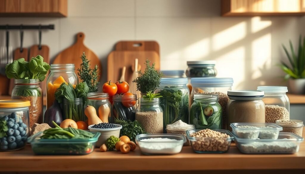 A neatly organized arrangement of meal prep ingredients on a wooden kitchen countertop, with glass jars, plastic containers, and fresh produce such as vegetables, herbs, and grains artfully displayed. Warm, natural lighting from overhead illuminates the scene, creating a calming and inviting atmosphere. The image conveys a sense of order, efficiency, and a dedication to healthy, home-cooked meals - the essential foundations of meal prepping and planning.