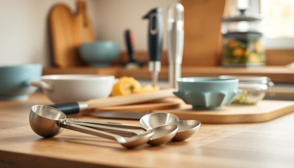 A neatly organized array of efficient meal prep tools arranged on a wooden kitchen counter. In the foreground, a set of sturdy, minimalist stainless steel measuring cups and spoons, their clean lines complementing the natural wood textures. In the middle ground, a sharp chef's knife, a compact spiralizer, and a sleek immersion blender, all ready to tackle a variety of meal prep tasks. In the background, a soft-hued blue ceramic bowl and a geometric glass storage container, hinting at the healthy, probiotic-rich meals to come. The scene is bathed in warm, natural light, creating a cozy, inviting atmosphere in this well-equipped, modern kitchen.