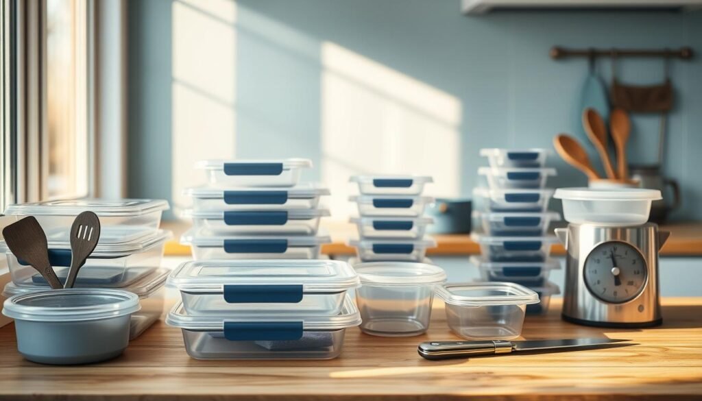A neatly organized array of meal prep containers, lids, and utensils sit on a wooden kitchen countertop. The containers come in a variety of sizes and shapes, made from durable, BPA-free plastic. Nearby, a set of measuring cups and spoons, a sleek stainless steel food scale, and a sharp chef's knife rest against a light blue backsplash, casting soft shadows. Warm, diffused lighting from a large window fills the cozy space, highlighting the natural textures and creating a serene, minimalist atmosphere.
