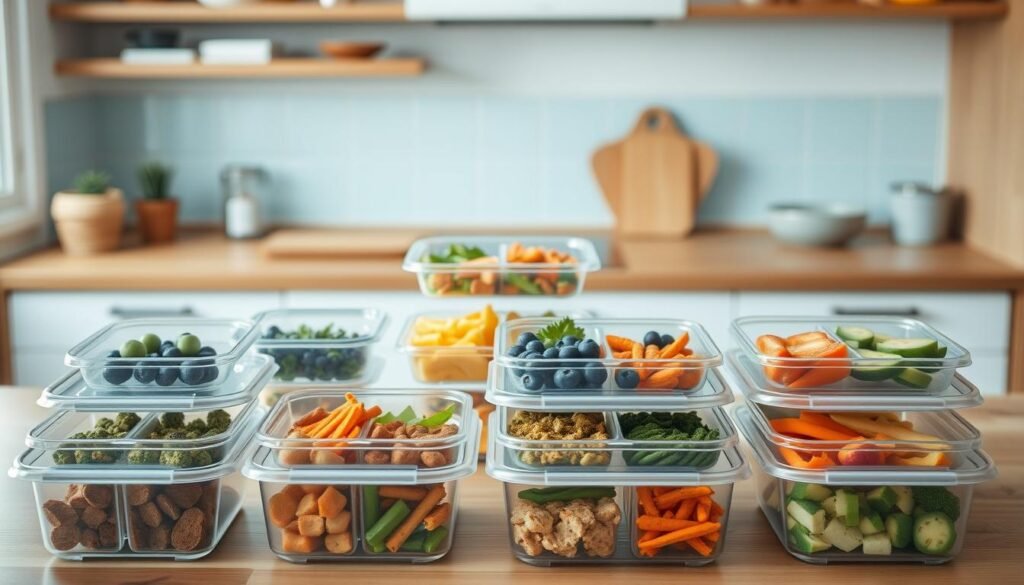 A neatly organized array of meal prep containers, their individual compartments filled with colorful, portioned servings of a variety of healthy, nutritious foods. The containers are set against a backdrop of a cozy, minimal kitchen, with warm wooden textures and light blue accents, creating a calming and inviting atmosphere. The containers are arranged in a visually appealing manner, showcasing efficient and mindful portioning techniques to inspire and guide the viewer towards balanced, satisfying office meals.