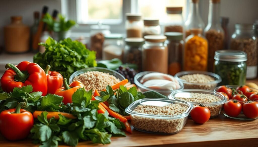 A neatly organized array of meal prep ingredients arranged on a wooden kitchen counter, softly illuminated by natural light filtering through a nearby window. In the foreground, an assortment of fresh vegetables, including brightly colored bell peppers, crisp greens, and plump tomatoes. In the middle ground, whole grains like quinoa and brown rice, accompanied by lean proteins such as chicken breasts and canned beans. In the background, glass jars filled with spices, herbs, and healthy condiments, creating a sense of order and intentionality. The overall scene exudes a sense of calm, efficiency, and a commitment to crafting wholesome, appetizing meals for the workday ahead.