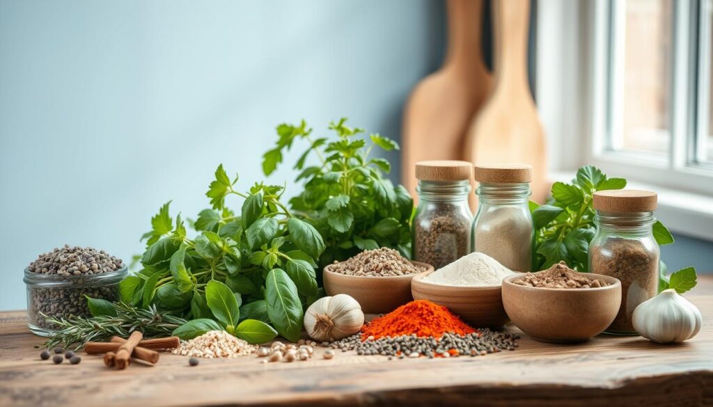A neatly organized assortment of Mediterranean herbs and spices arranged on a rustic wooden table against a light blue backdrop. The foreground features whole and ground spices like oregano, thyme, rosemary, basil, garlic powder, and paprika, artfully displayed. The middle ground showcases vibrant green bunches of fresh herbs, their leaves gently illuminated by soft, natural lighting from a nearby window. The background subtly hints at the minimal, cozy kitchen setting with its wooden textures and muted colors, creating a soothing, inviting atmosphere to inspire culinary creativity.