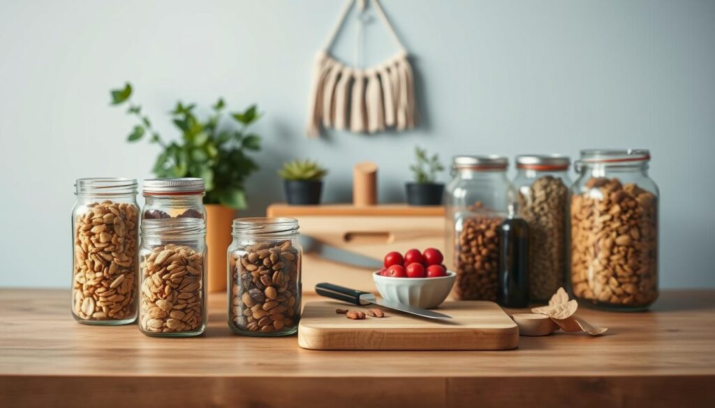 A neatly organized collection of essential snack prep items arranged on a wooden kitchen counter against a light blue wall. In the foreground, a set of glass jars filled with various dried fruits, nuts, and seeds. In the middle ground, a sleek cutting board, a sharp knife, and a small bowl of fresh berries. In the background, a few lush potted plants and a simple wall hanging add a touch of natural charm. Soft, directional lighting gently illuminates the scene, creating a warm, inviting atmosphere perfect for meal prepping healthy, nutritious snacks.