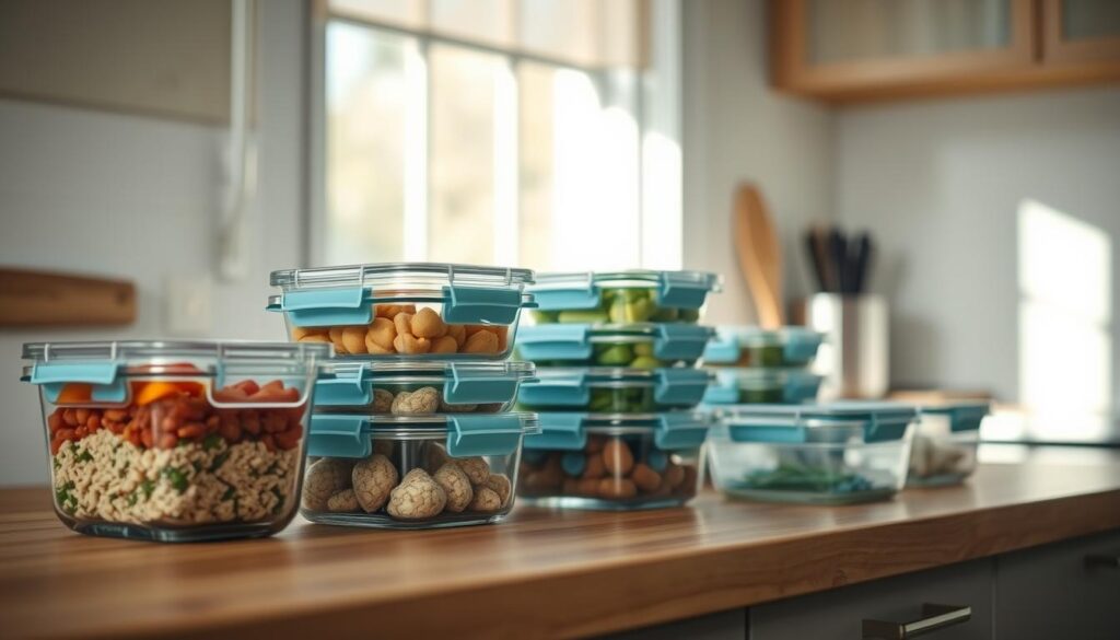 A neatly organized collection of glass meal prep containers arranged on a wooden kitchen counter, with light blue accents and soft natural lighting filtering in through a nearby window. The containers are various sizes, some with dividers to keep ingredients separated, showcasing their practical and visually appealing design. The scene conveys a sense of efficiency and attention to detail, perfectly suited for the 