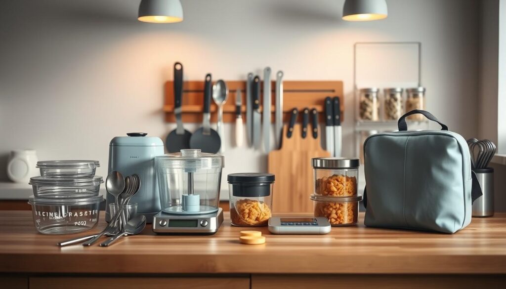 A neatly organized collection of meal prep accessories arranged in a cozy, minimal kitchen. In the foreground, a set of glass meal prep containers, sleek stainless steel utensils, and a high-quality digital food scale sit atop a wooden countertop. The midground features a compact electric food chopper, a spiralizer, and a modern insulated lunch bag in a soft blue hue. In the background, a magnetic knife strip and a minimalist spice rack with clean-lined glass jars create a sense of orderly efficiency. Soft, even lighting from overhead fixtures casts a warm glow, highlighting the natural textures and muted colors of the space.