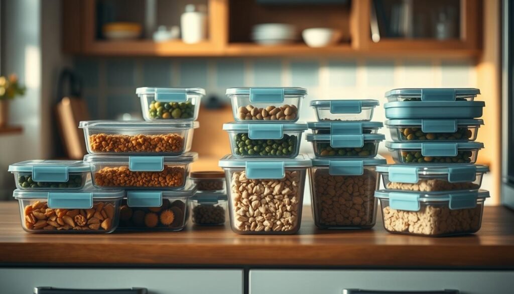 A neatly organized collection of meal prep storage containers arranged on a wooden kitchen counter. The containers are made of clear glass or durable plastic, with airtight lids and labeled sections for different ingredients. The lighting is soft and warm, creating a cozy atmosphere. The containers are placed in a way that highlights their sleek, minimalist design, complemented by the light blue accents of the kitchen decor. The overall scene conveys a sense of efficiency and preparedness, perfectly suited for the 