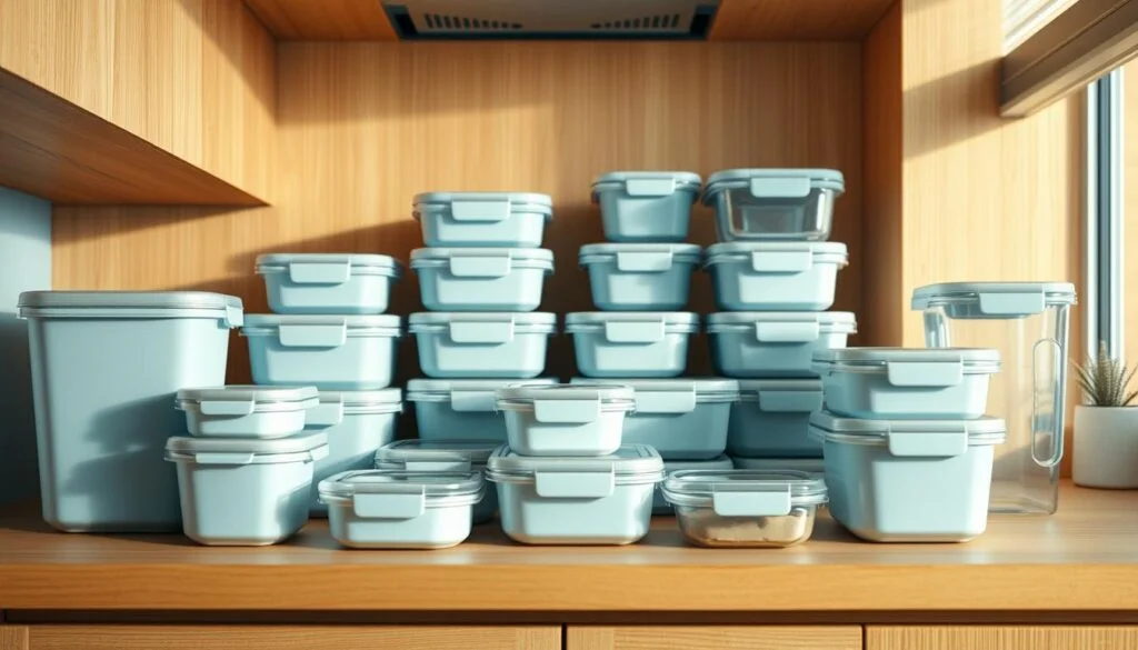 A neatly organized collection of sleek, space-saving kitchen containers in a cozy, minimal kitchen with warm wooden textures and light blue accents. The containers are arranged in a visually appealing manner, showcasing their efficient and functional design. The lighting is soft and natural, creating a calming atmosphere that highlights the simplicity and elegance of the scene. The overall composition emphasizes the versatility and practicality of these smart storage solutions, perfectly suited for an office meal prep setup.