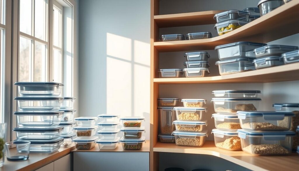 A neatly organized collection of various meal storage containers in a cozy, minimal kitchen. Rows of sleek, rectangular glass and plastic containers with airtight lids in different sizes and shapes, arranged on wooden shelves against a backdrop of light blue accents. The containers are illuminated by soft, natural lighting filtering in through large windows, casting a warm glow and highlighting their clean, modern design. The overall atmosphere is one of organization, efficiency, and a thoughtful approach to meal prep and storage.