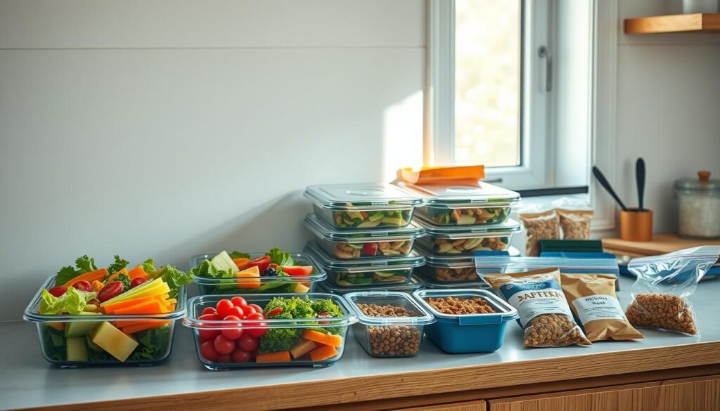 A neatly organized countertop displays an array of cold lunch options - vibrant salads in reusable containers, crisp vegetables, and a variety of portable protein-rich snacks. The light streams in through a nearby window, casting a warm glow over the scene. The atmosphere is one of simplicity and intentionality, with clean lines and a soothing color palette of blues and natural wood tones. The focus is on the versatility and convenience of these cold lunch prep ideas, which can inspire healthy, satisfying midday meals.