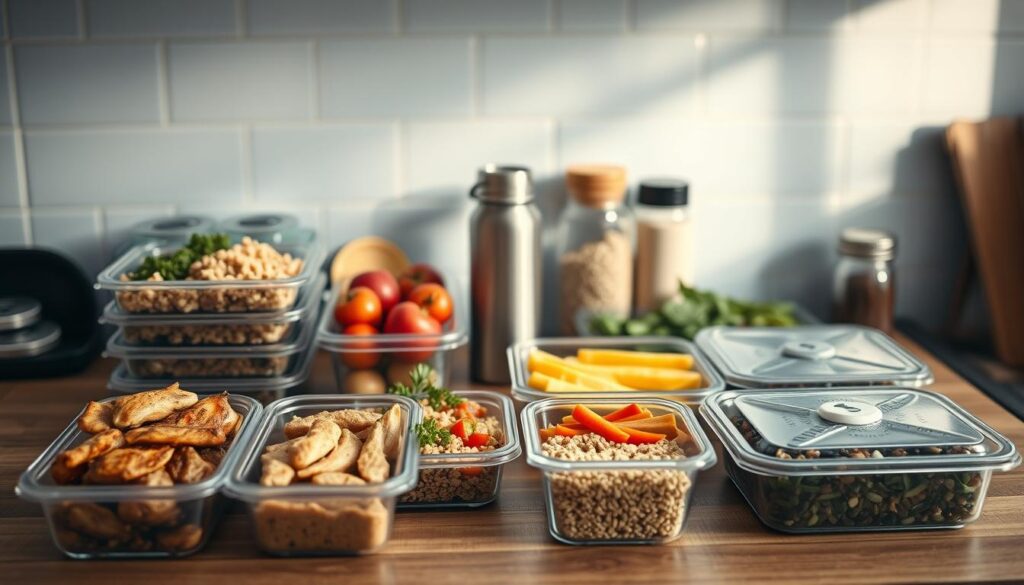 A neatly organized display of a variety of healthy, high-energy meal options on a wooden kitchen countertop. In the foreground, a selection of meal prep containers filled with nutritious ingredients like grilled chicken, quinoa, roasted vegetables, and fresh fruits. In the middle ground, a thermos, water bottle, and spice jars add complementary textures and colors. The background features a light blue tiled wall, casting a soft, calming glow over the scene. The overall atmosphere conveys a sense of intentional, well-planned, and sustainable nourishment for a long work shift.