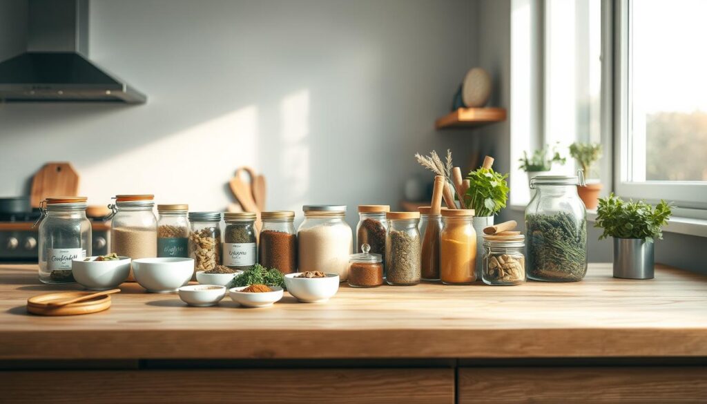 A neatly organized display of cooking ingredients on a wooden countertop in a minimalist kitchen. An array of glass jars, ceramic bowls, and metal tins filled with various seasonings, herbs, and spices line the surface, creating a visually appealing and efficient setup. Soft, natural lighting from large windows casts a warm glow, highlighting the textures and colors of the ingredients. The overall atmosphere is one of calm, order, and culinary inspiration, setting the stage for a well-planned and organized cooking session.