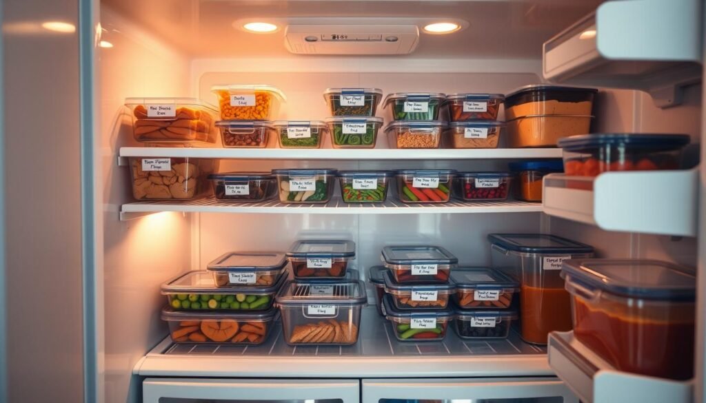 A neatly organized freezer interior, with various labeled containers and compartments showcasing clever storage solutions for make-ahead family meals. Soft, warm lighting illuminates the scene, accentuating the clean, minimal aesthetic of the kitchen. Shelves are meticulously arranged, with individual sections for different meal components, such as pre-portioned proteins, vegetables, and sauces. The overall atmosphere conveys a sense of efficiency and stress-free meal preparation, perfectly complementing the 