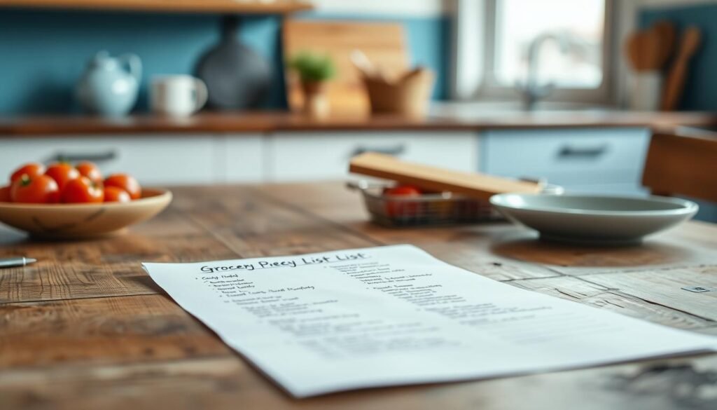 A neatly organized grocery list arranged on a rustic wooden table, backlit by soft, natural lighting. The list is written on a crisp, white sheet of paper, with items grouped by category and presented in a clear, legible format. The background features subtle blue accents, hinting at a cozy, minimalist kitchen environment. The overall composition conveys a sense of efficiency and preparedness, perfectly suited for the 