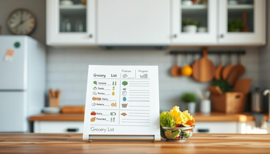 A neatly organized grocery list floats above a wooden kitchen counter, featuring colorful, hand-drawn icons of fresh produce, dairy, and pantry staples. The minimalist design is accented with light blue hues, creating a calming, inviting atmosphere. The list is strategically arranged, reflecting a thoughtful, sustainable approach to meal planning. The scene is bathed in soft, natural lighting, capturing the essence of a well-curated, eco-conscious shopping experience.